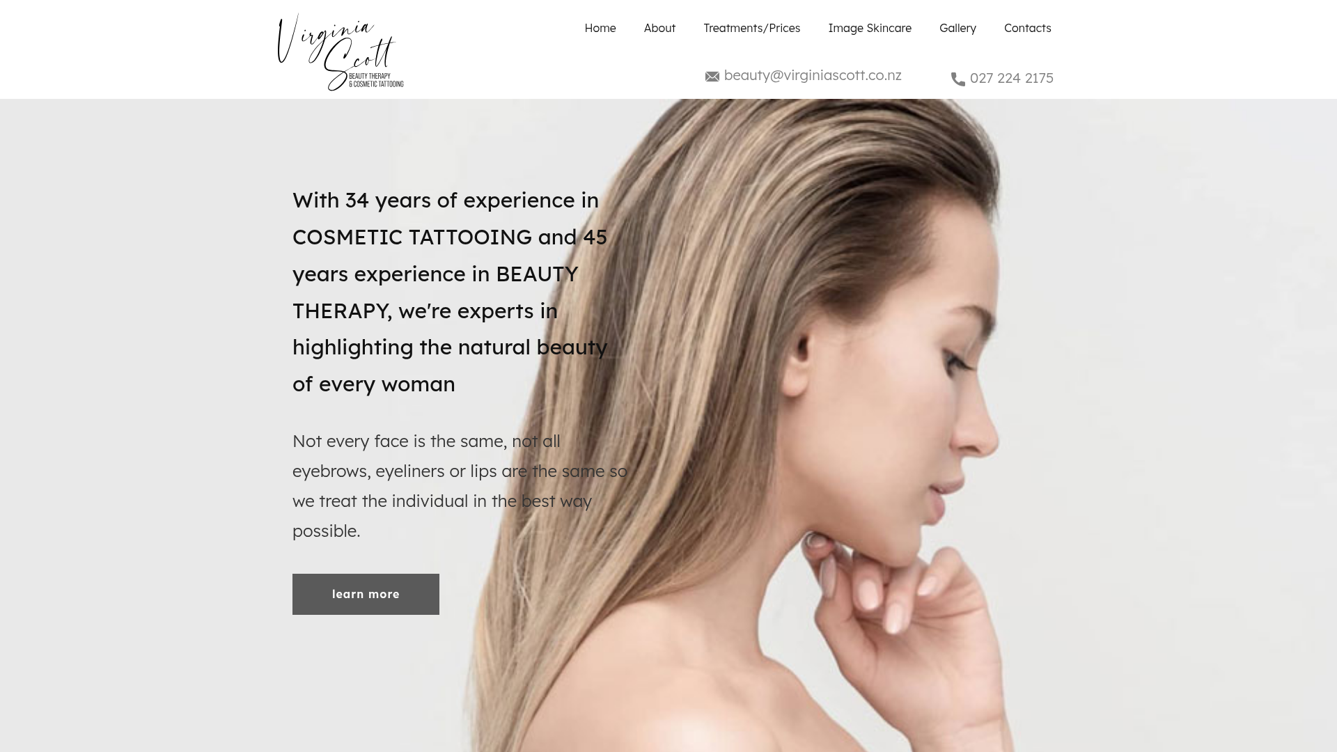 Website snapshot for Virginia Scott Cosmetic Tattooing & Beauty Therapy