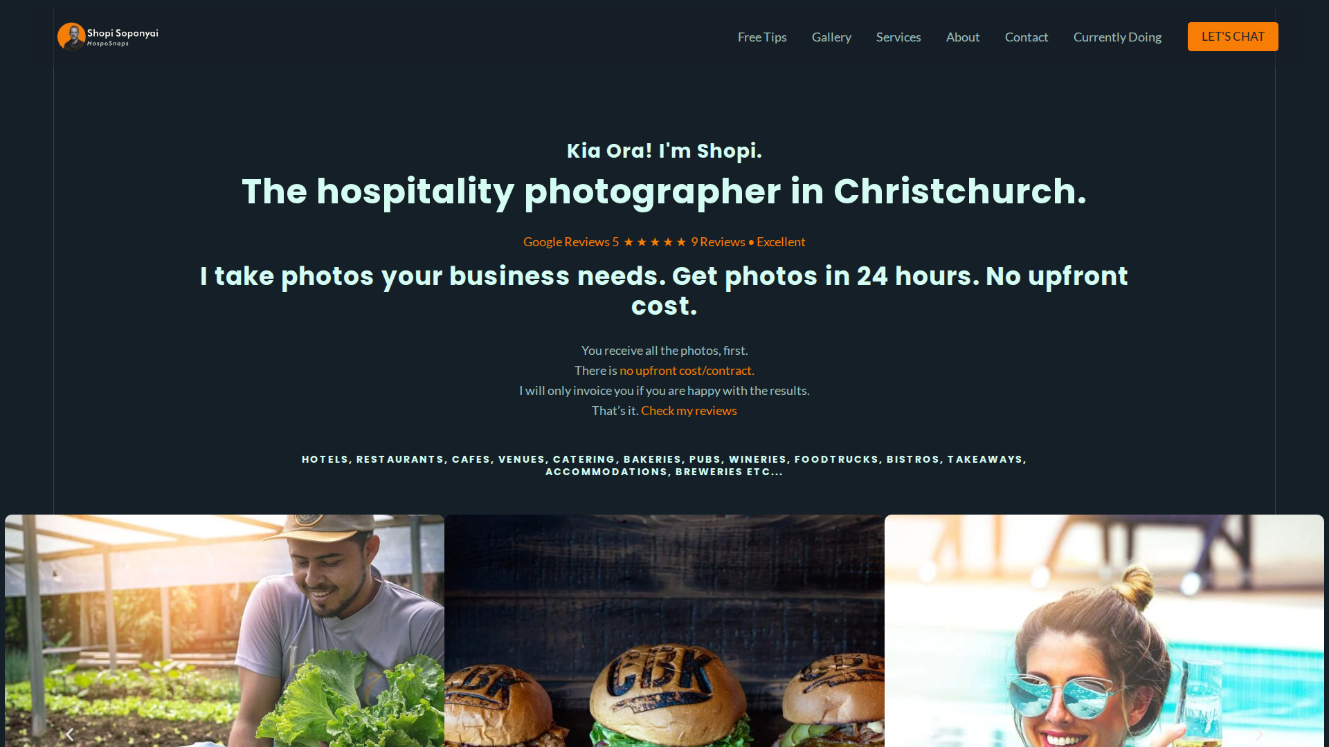 Website snapshot for HospoSnaps - Professional Marketing Photographer in Hospitality in Christchurch