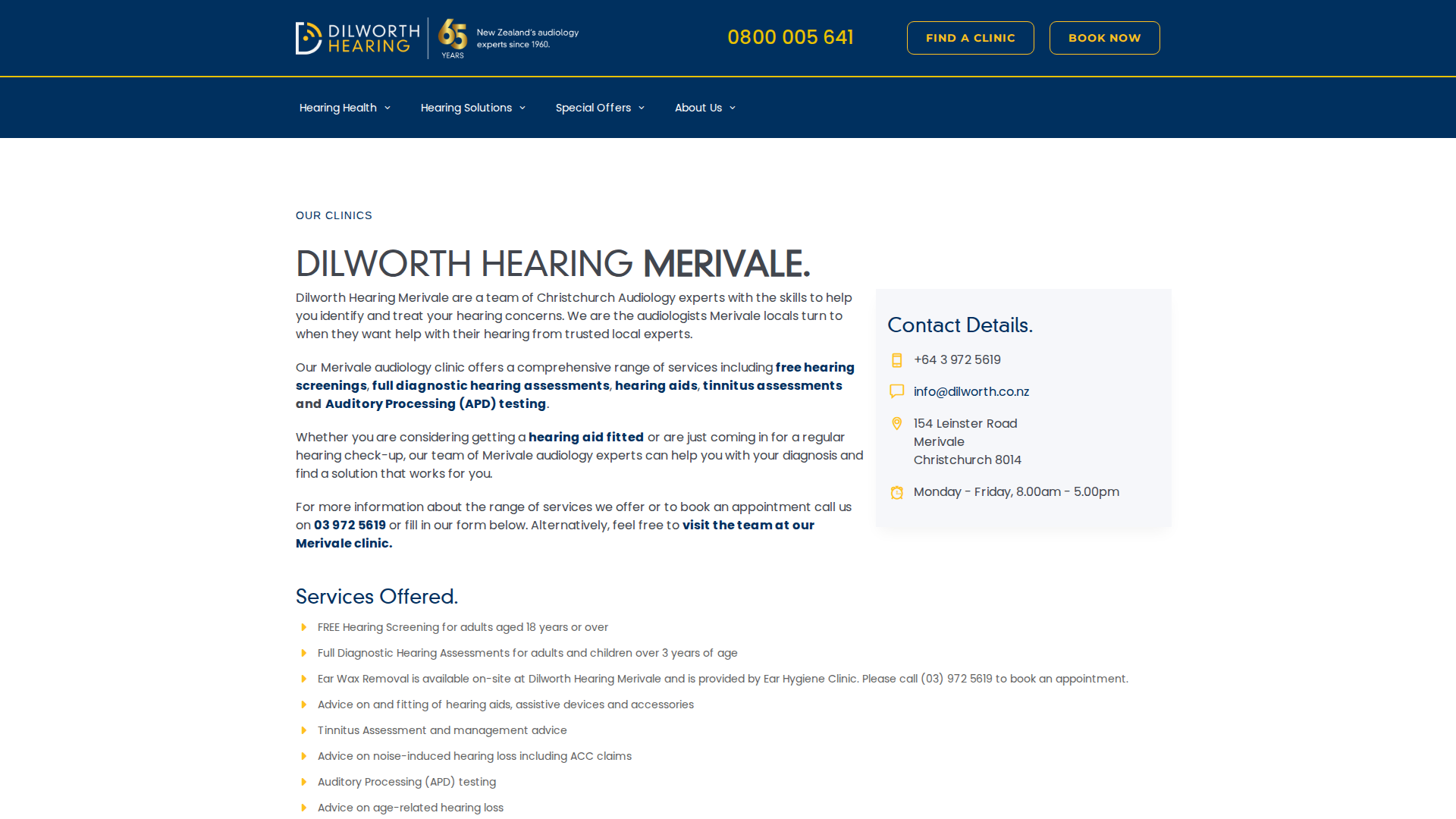 Website snapshot for Dilworth Hearing Merivale