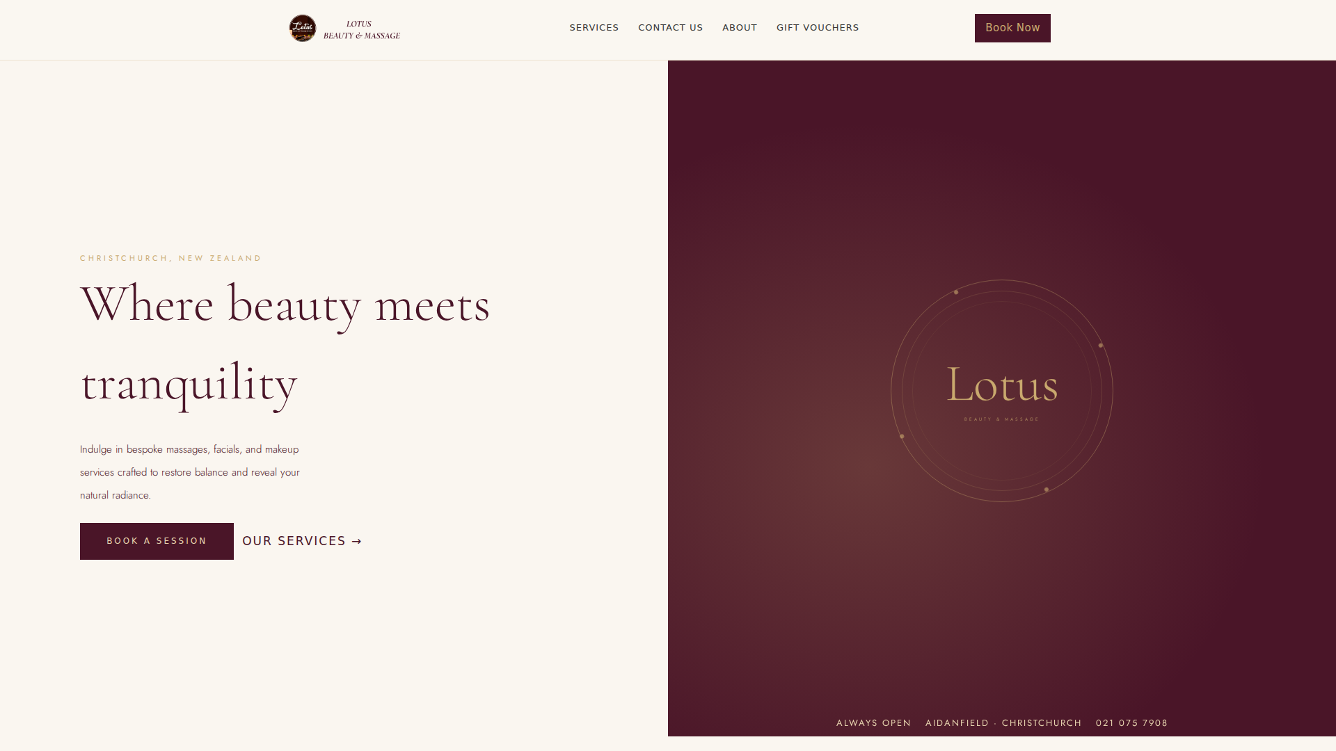 Website snapshot for Lotus Beauty and Massage