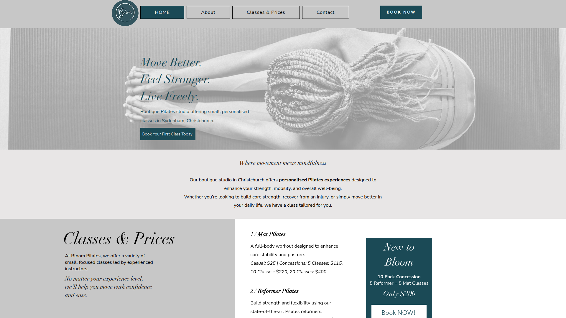 Website snapshot for Bloom Pilates