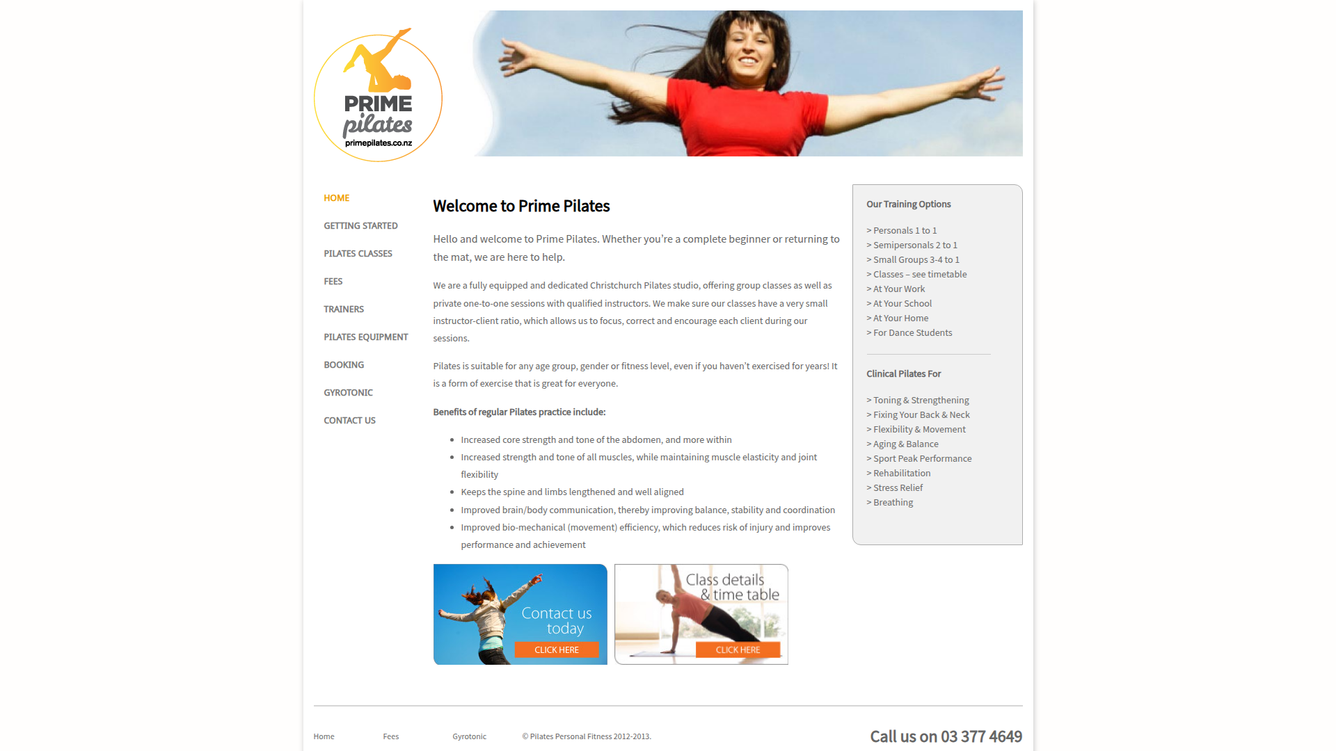 Website snapshot for Prime Pilates