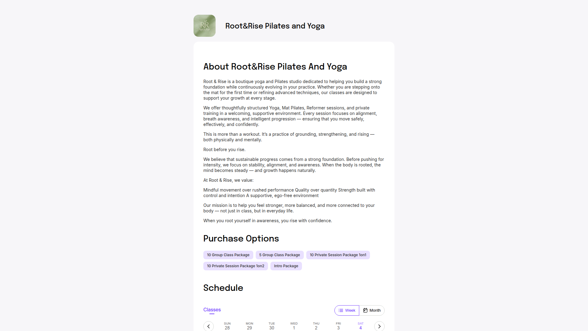 Website snapshot for Root&Rise Pilates and Yoga
