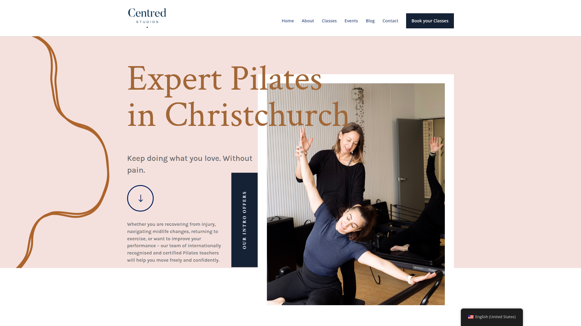 Website snapshot for Centred Pilates Studios