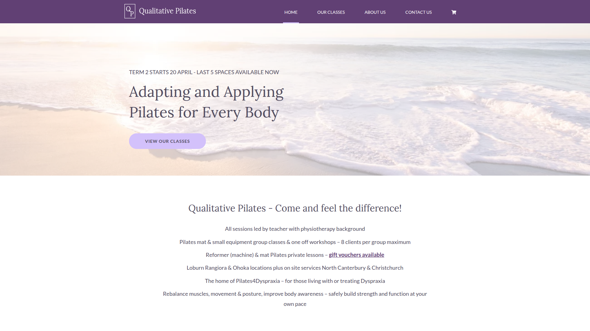 Website snapshot for Qualitative Pilates