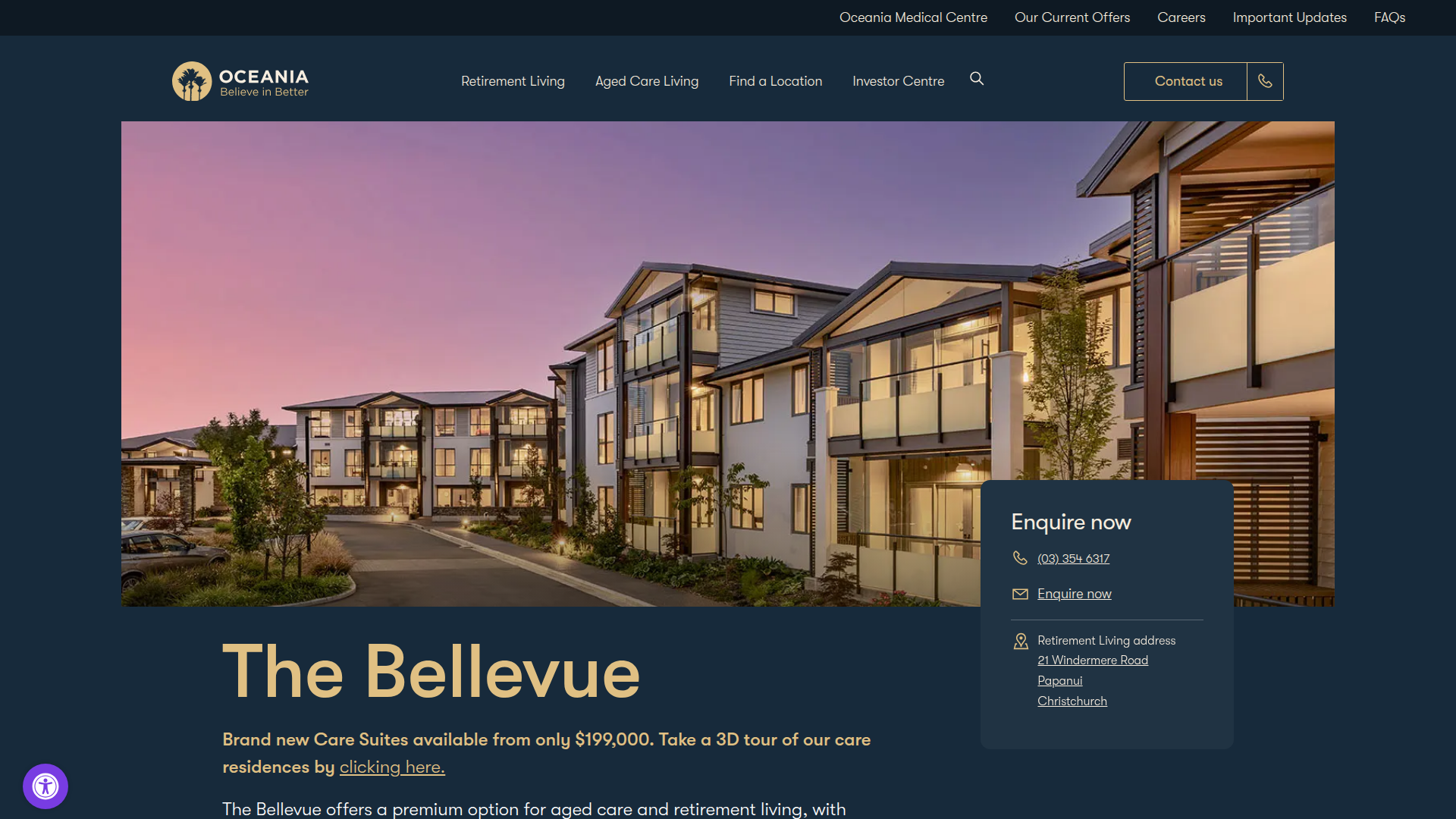 Website snapshot for The Bellevue Care Centre and Village Papanui