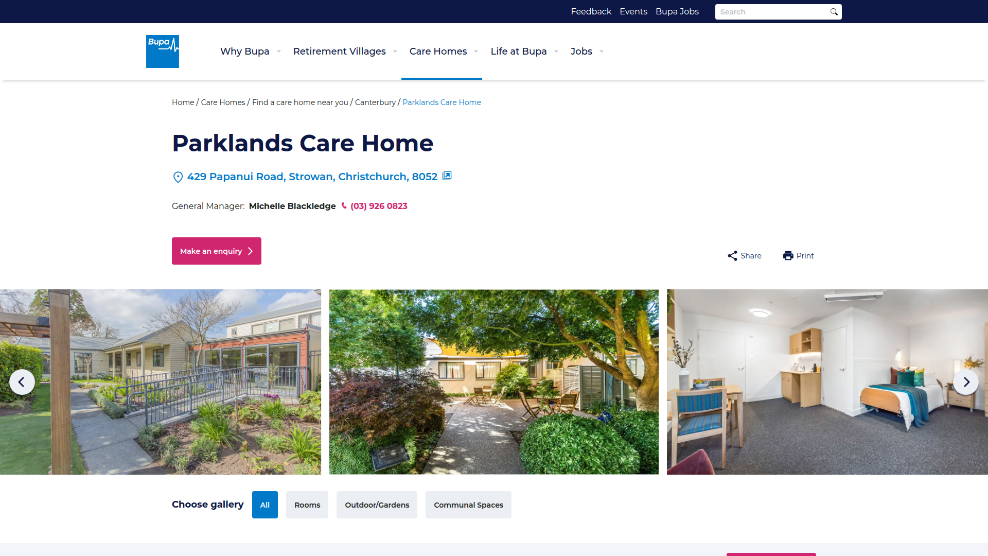 Website snapshot for Bupa Parklands Care Home