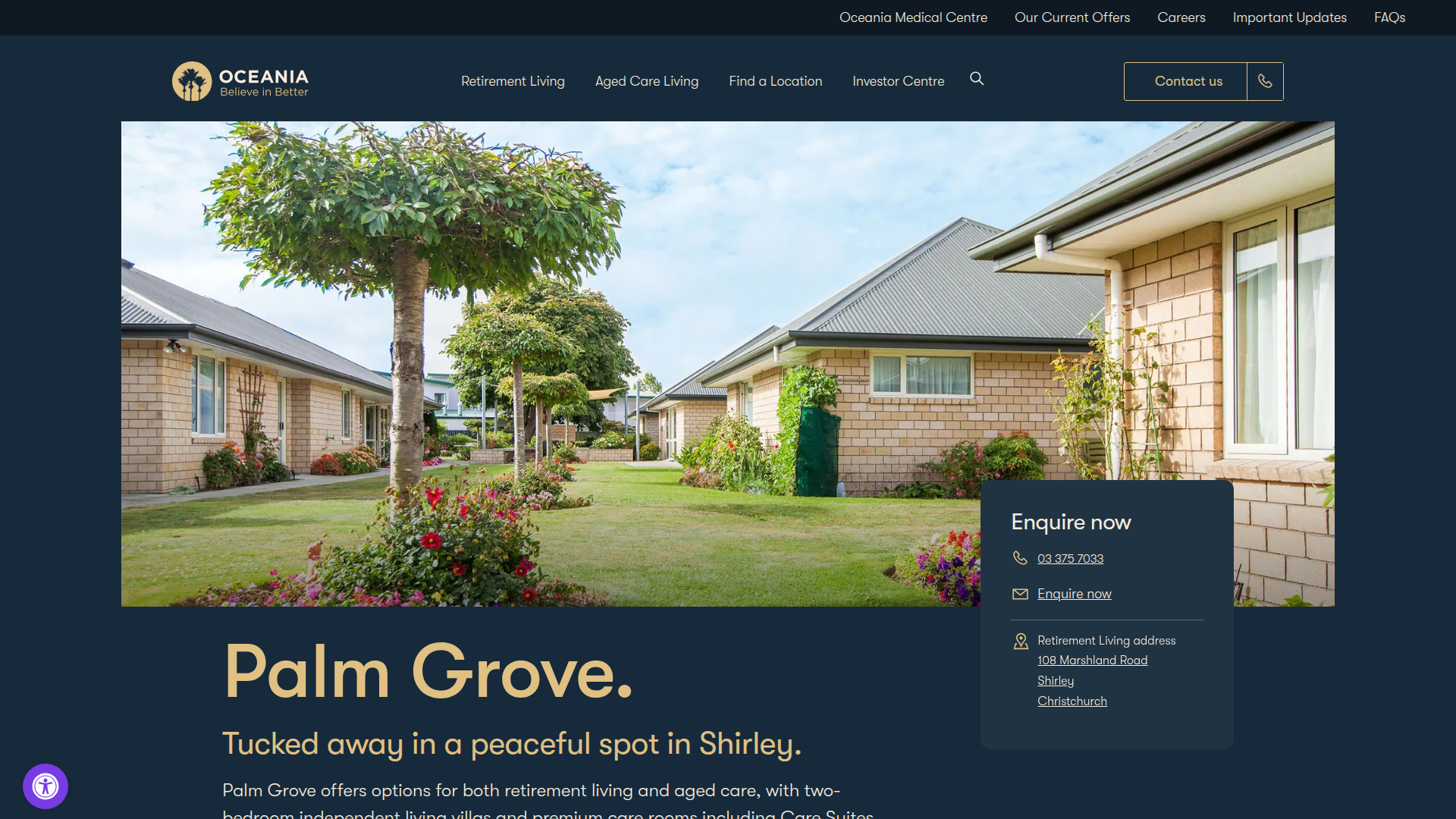 Website snapshot for Palm Grove Care Centre and Village Shirley