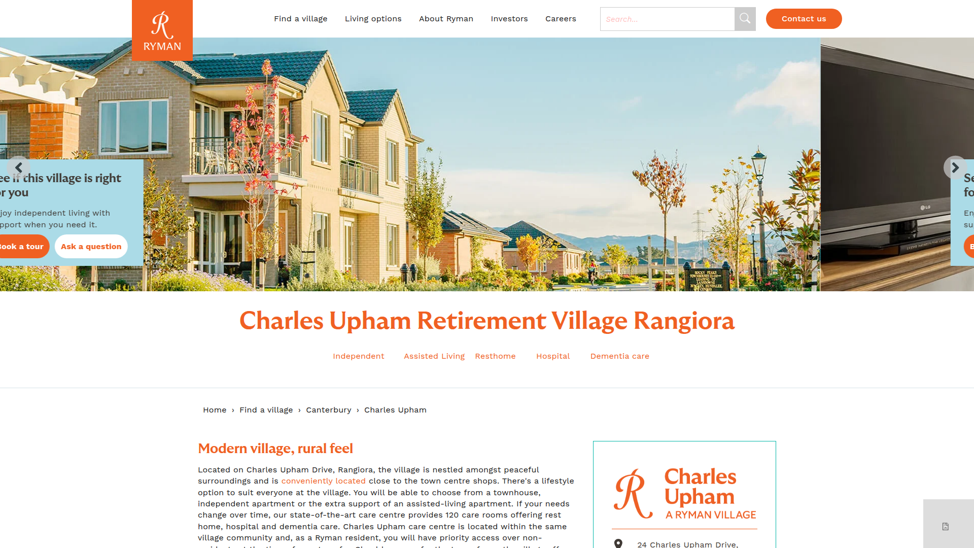 Website snapshot for Ryman Charles Upham Retirement Village Rangiora