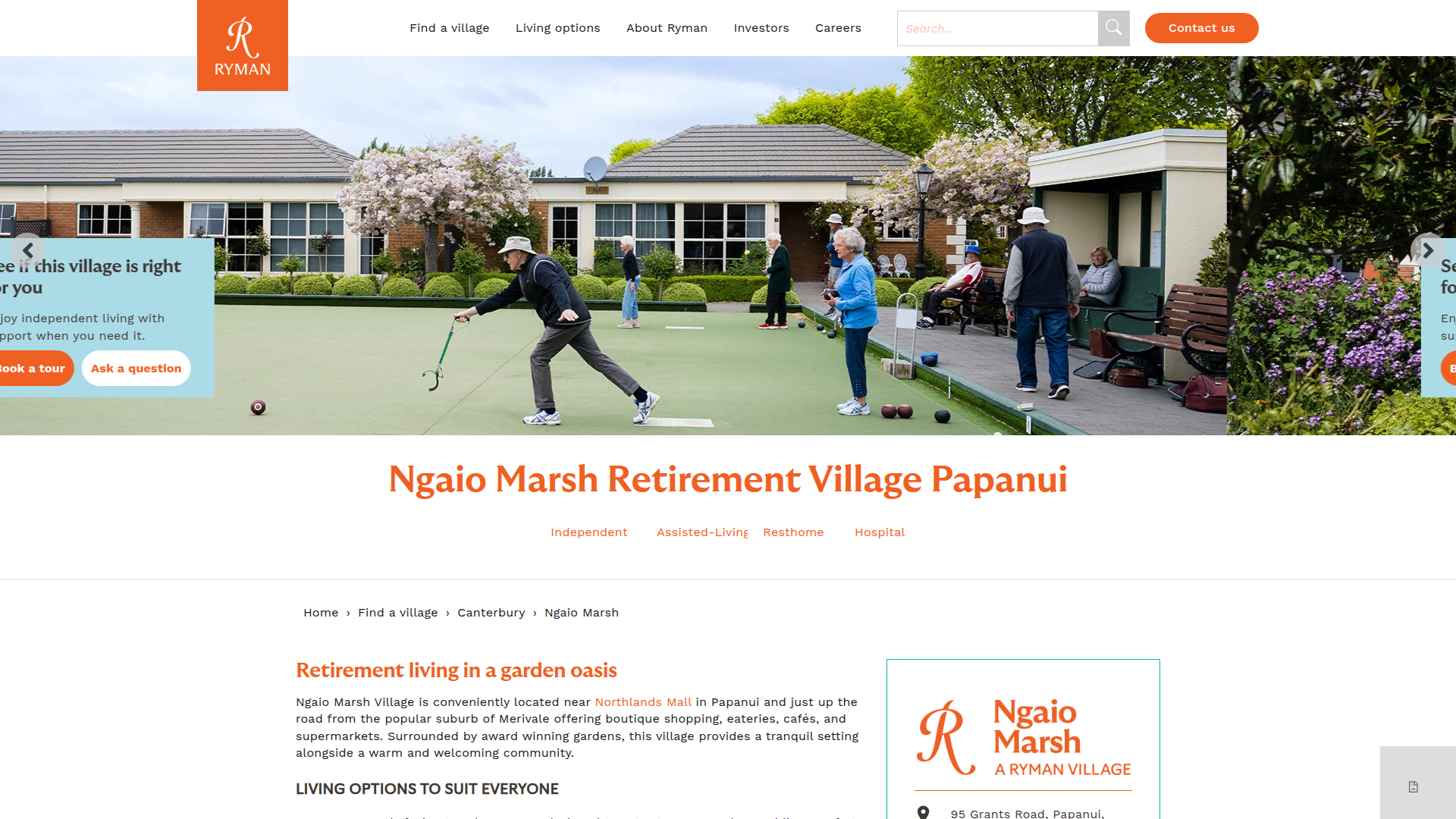 Website snapshot for Ryman Ngaio Marsh Retirement Village