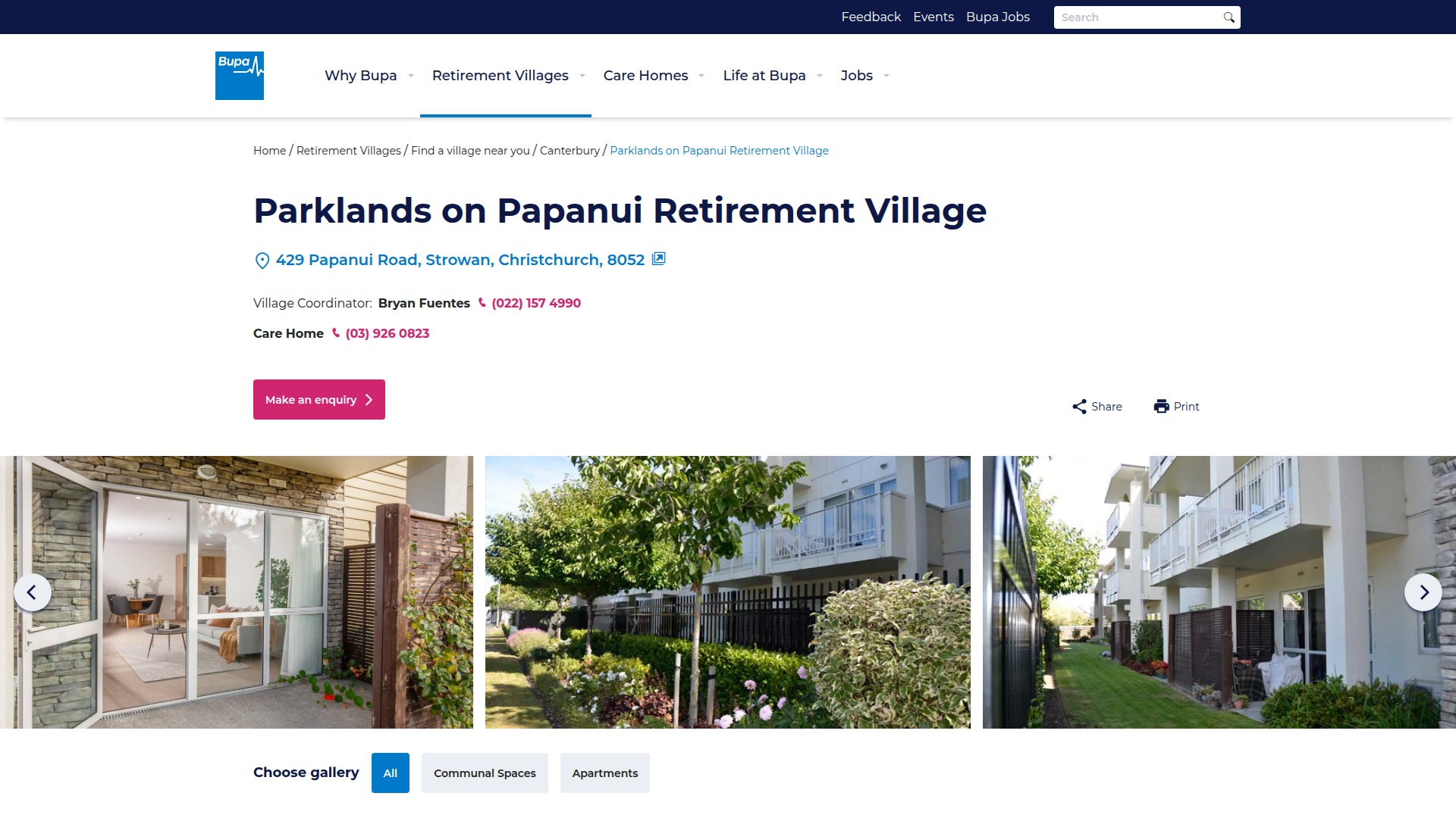 Website snapshot for Bupa Parklands Retirement Village
