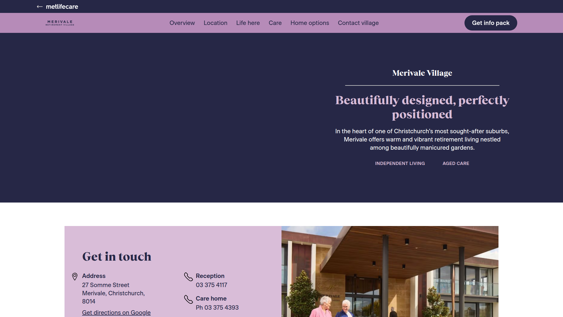 Website snapshot for Merivale Retirement Village - Metlifecare Retirement Village