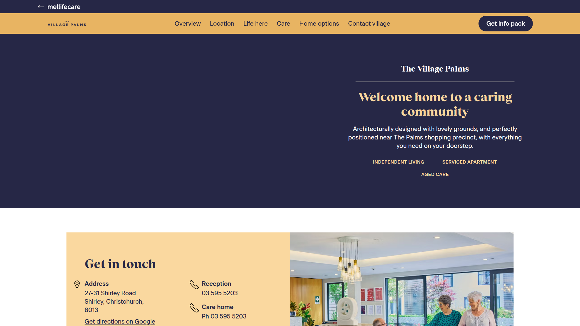 Website snapshot for The Village Palms - Metlifecare Retirement Village