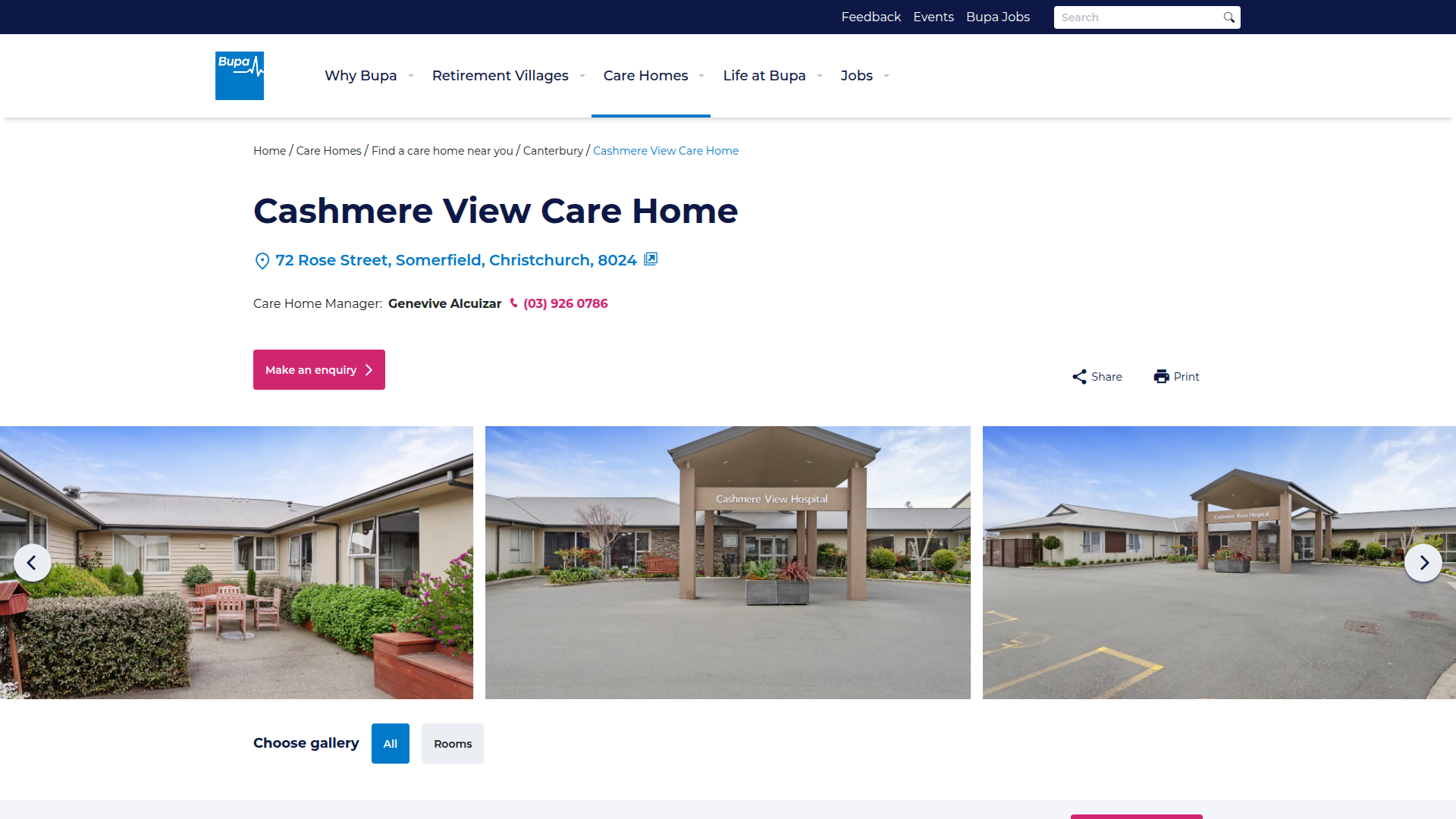 Website snapshot for Bupa Cashmere View Care Home