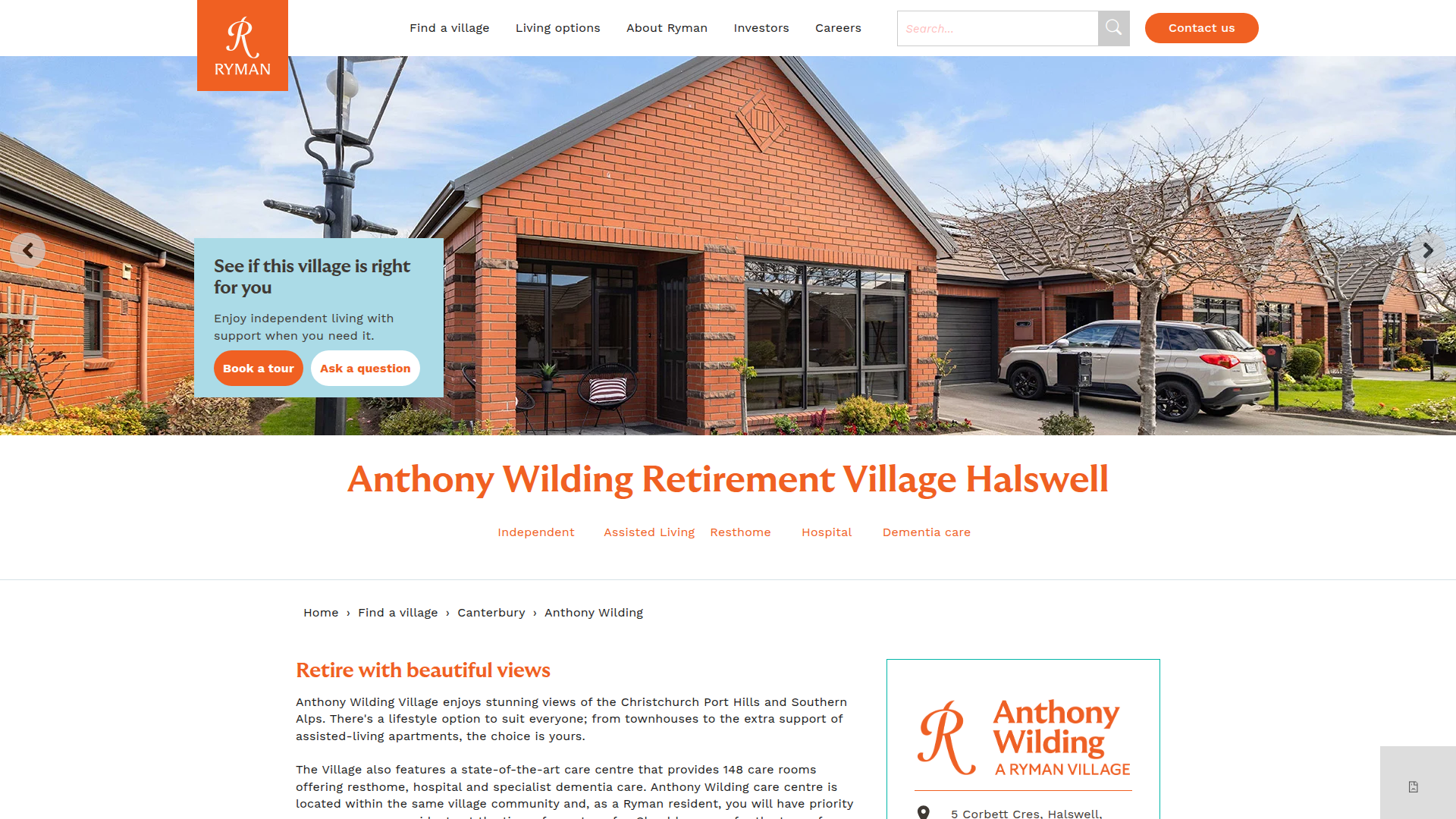Website snapshot for Ryman Anthony Wilding Retirement Village Aidanfield