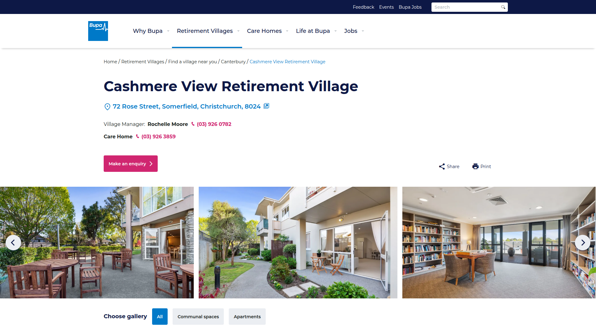 Website snapshot for Bupa Cashmere View Retirement Village