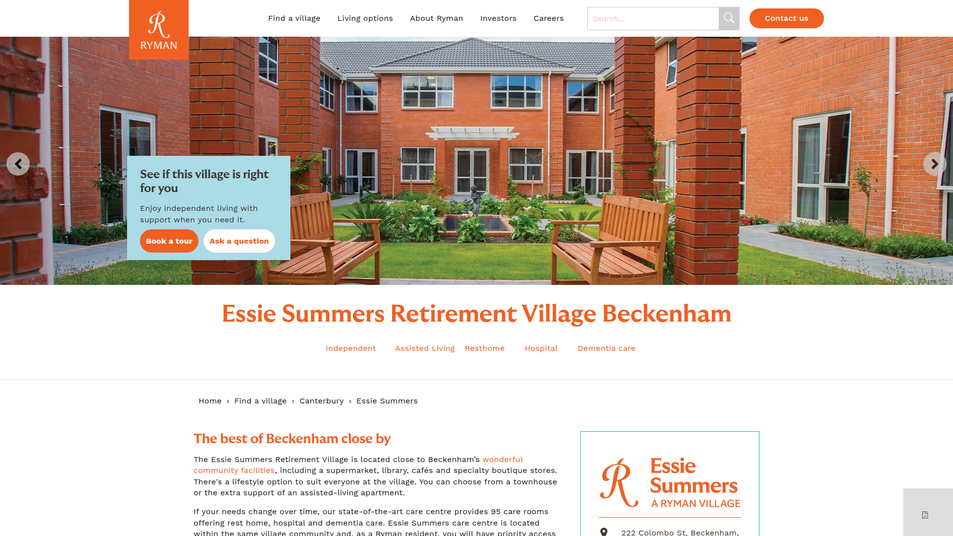 Website snapshot for Ryman Essie Summers Retirement Village