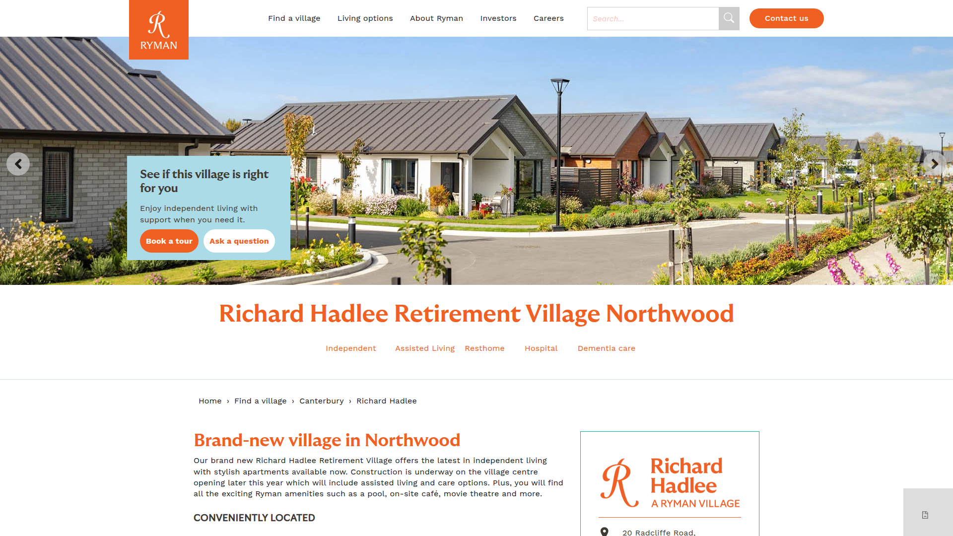 Website snapshot for Ryman Richard Hadlee Retirement Village