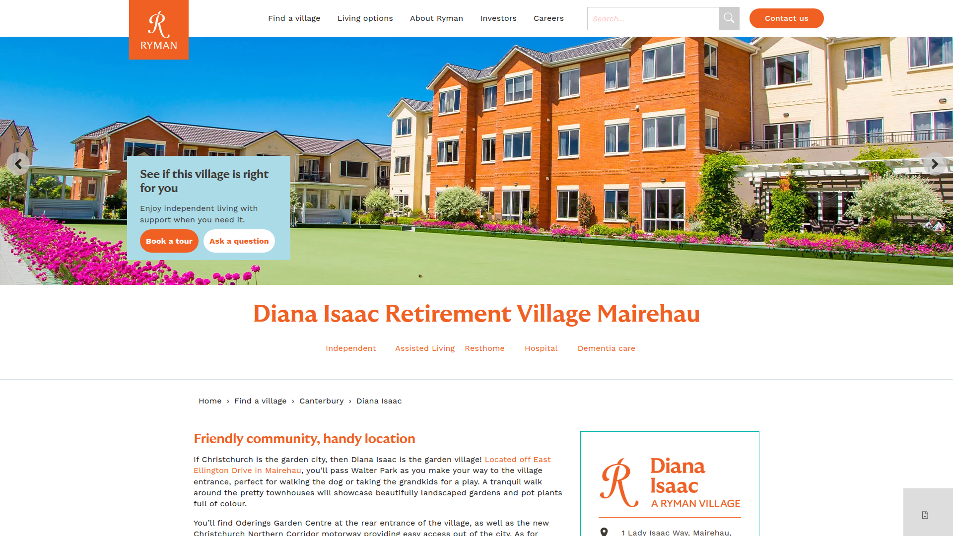 Website snapshot for Ryman Diana Isaac Retirement Village Mairehau