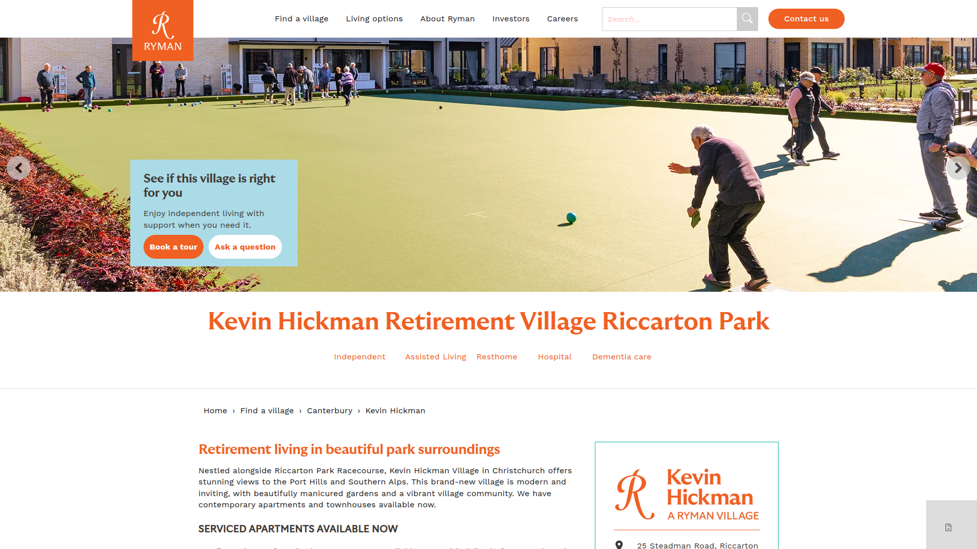 Website snapshot for Ryman Kevin Hickman Retirement Village