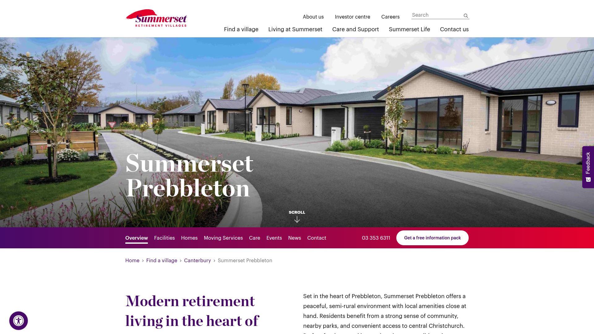 Website snapshot for Summerset Prebbleton Retirement Village
