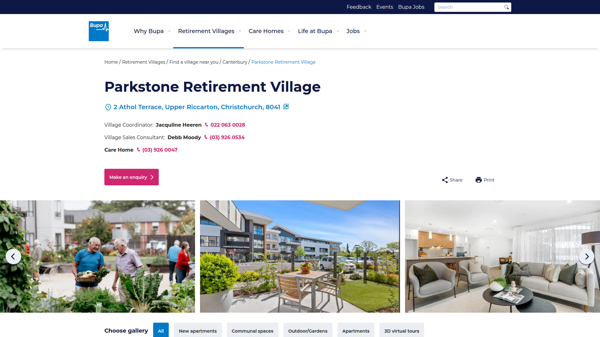 Website snapshot for Bupa Parkstone Retirement Village, Ilam