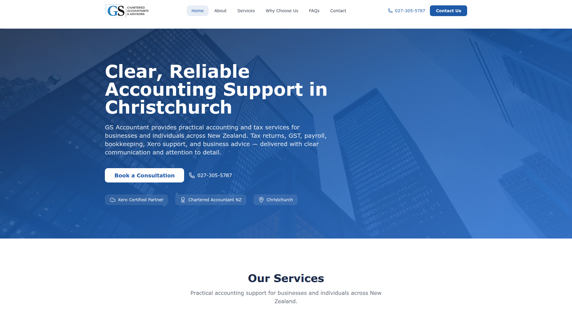 Website snapshot for GS Chartered Accountants and Advisors