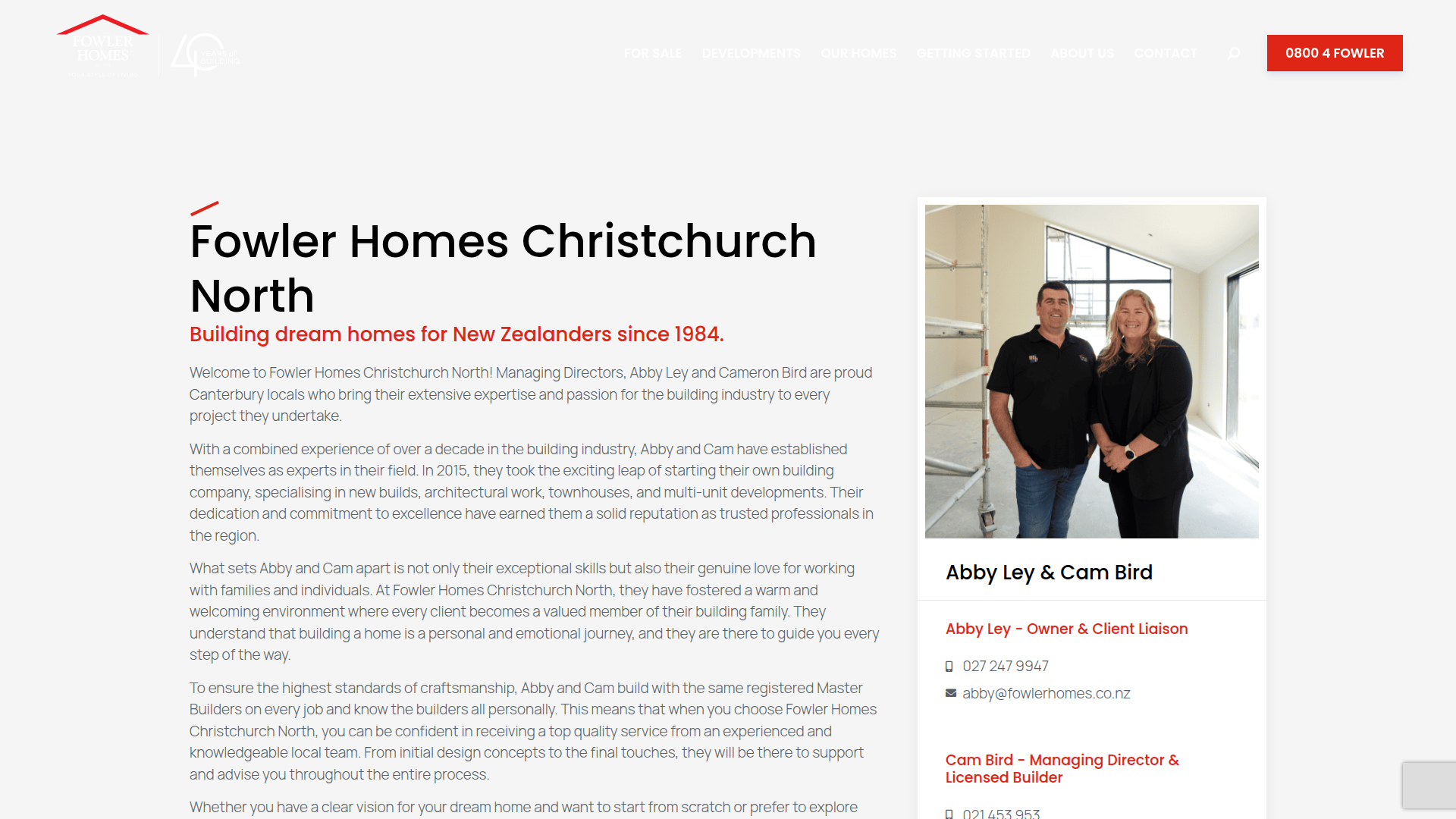 Website snapshot for Fowler Homes