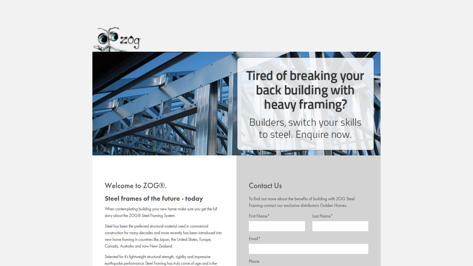 Website snapshot for ZOG Steel Framing