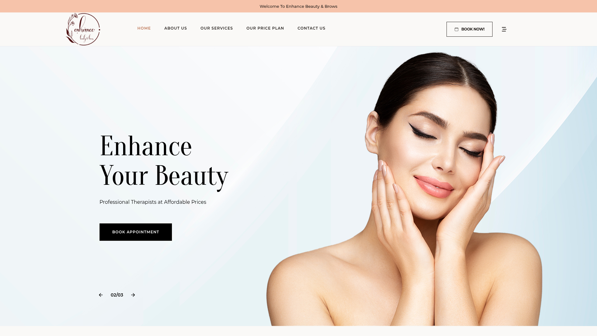 Website snapshot for Enhance Beauty and Brows
