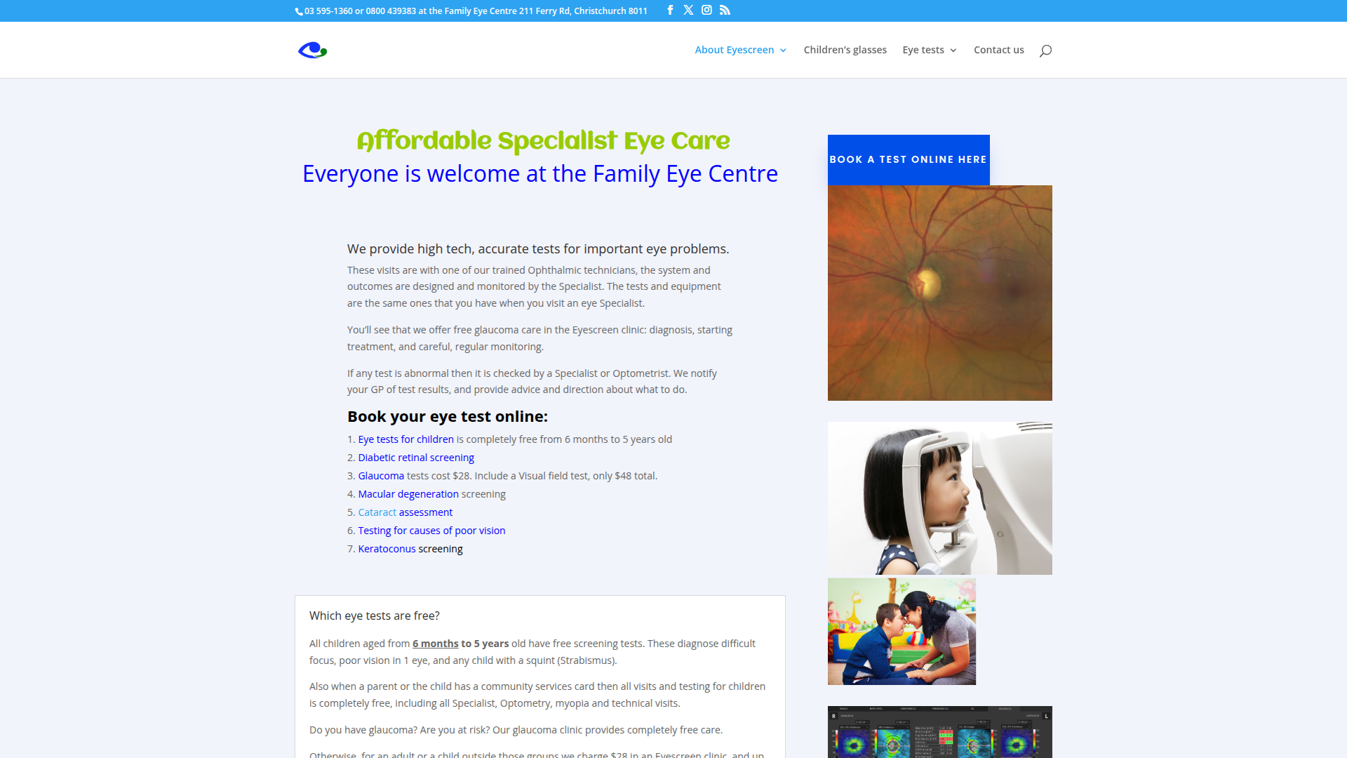 Website snapshot for Eyescreen at the Family Eye Centre