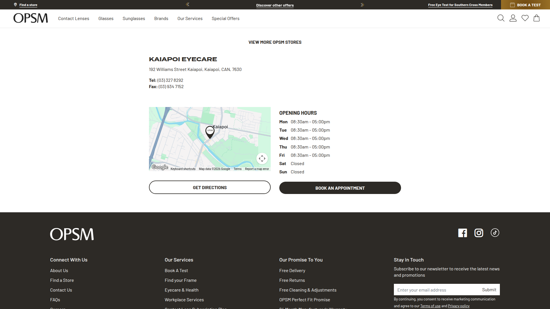 Website snapshot for Kaiapoi Eyecare by OPSM