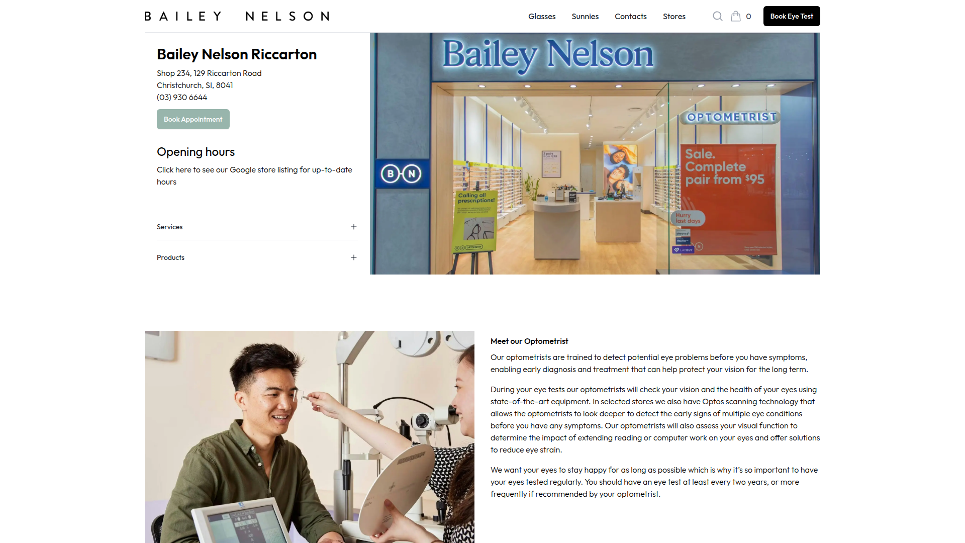 Website snapshot for Bailey Nelson Optometrist Riccarton