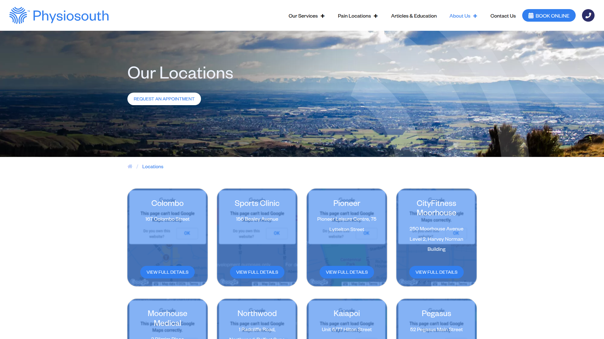 Website snapshot for PHYSIOSOUTH Pioneer