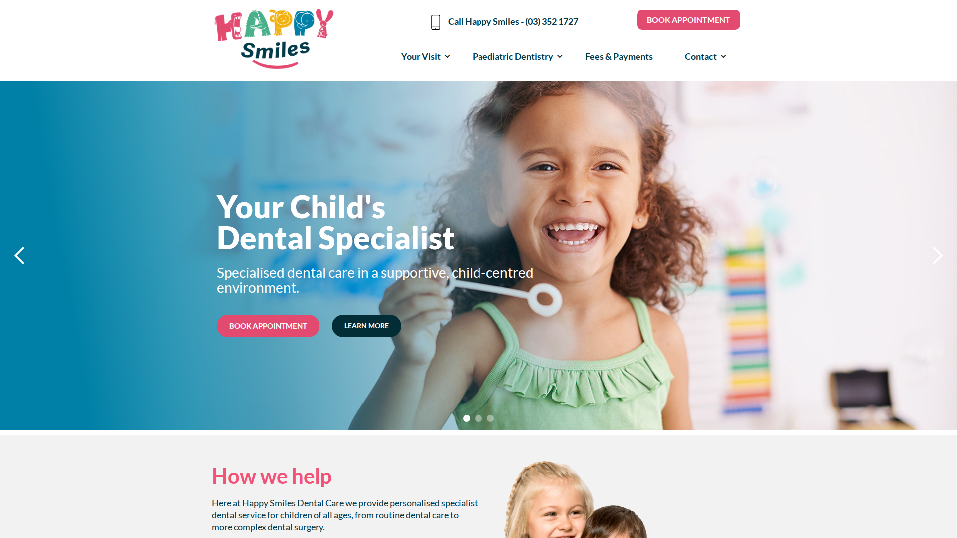 Website snapshot for Happy Smiles Paediatric Dentistry