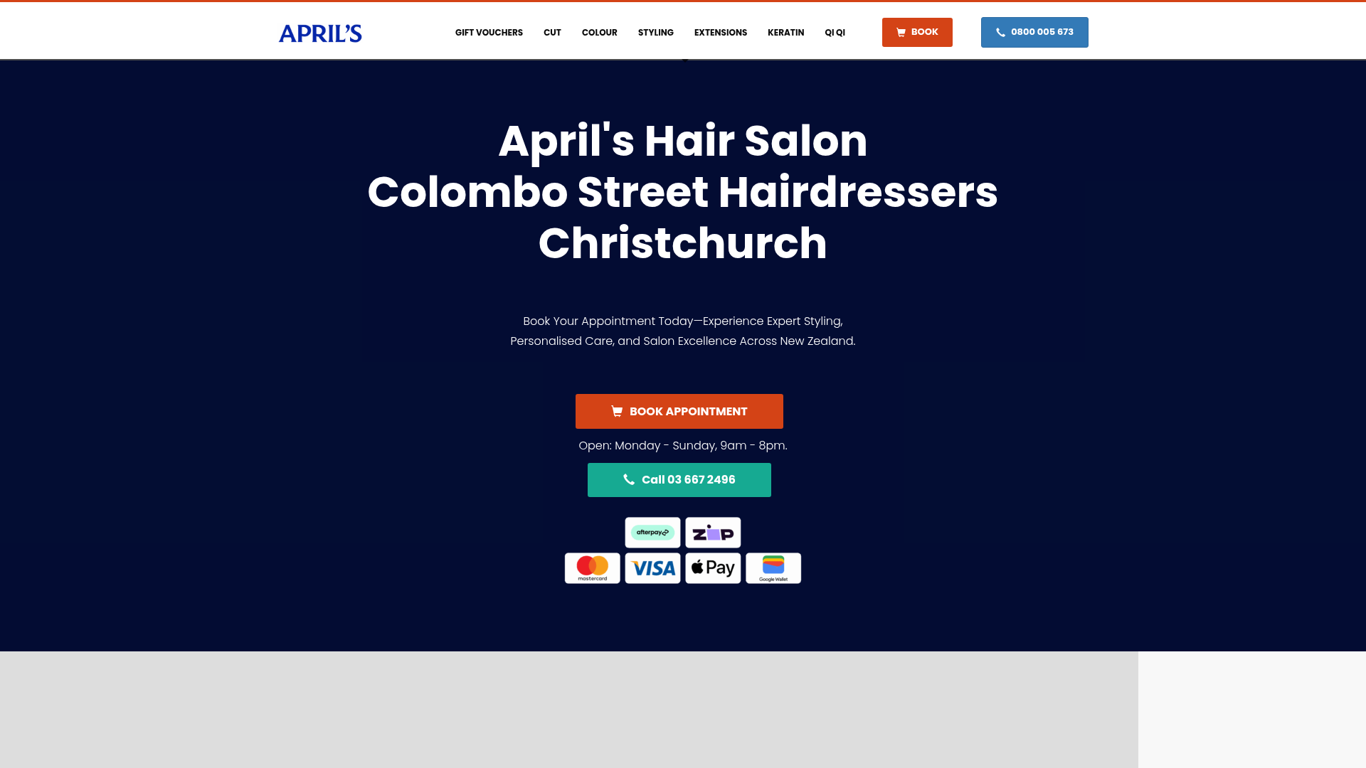 Website snapshot for April's Hair Salon - Ladies Hairdresser on Colombo Street, Christchurch CBD.