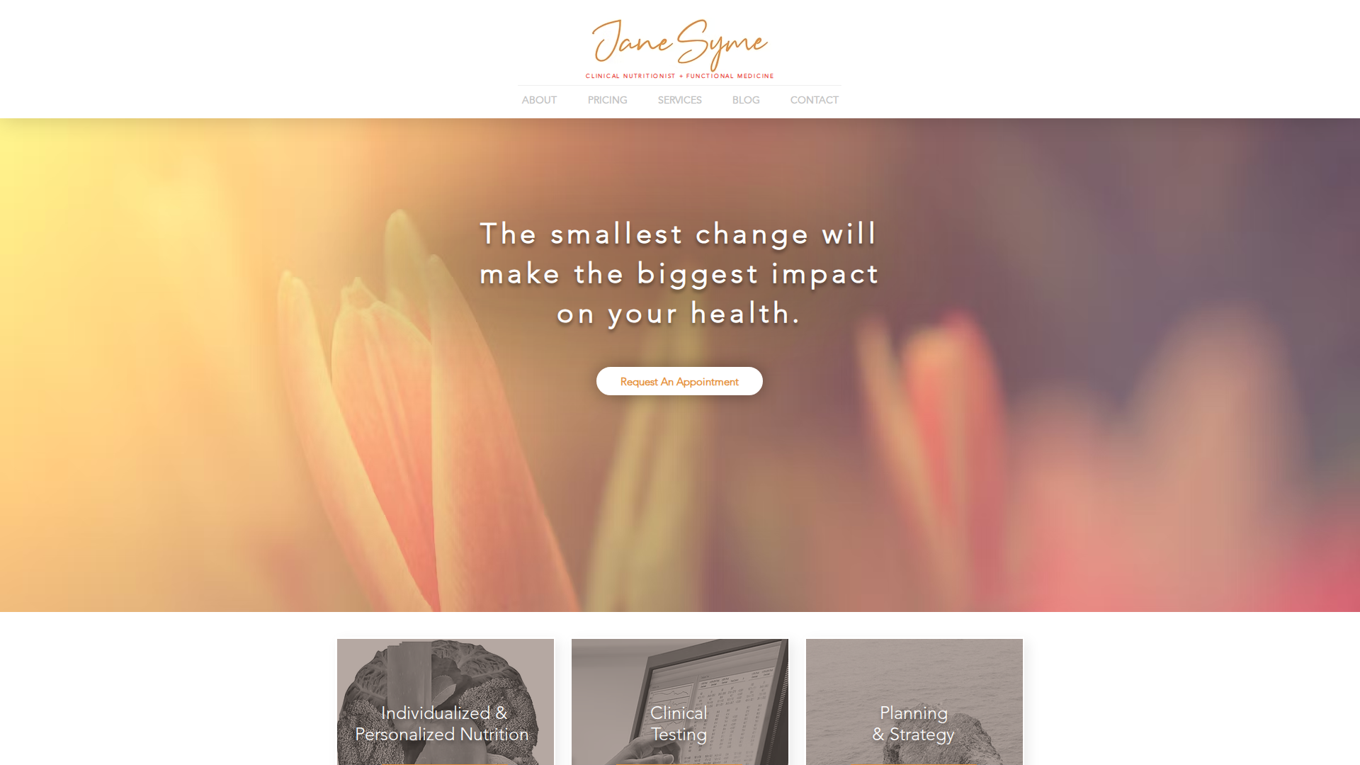 Website snapshot for Jane Syme Clinical Nutritionist & Functional Medicine