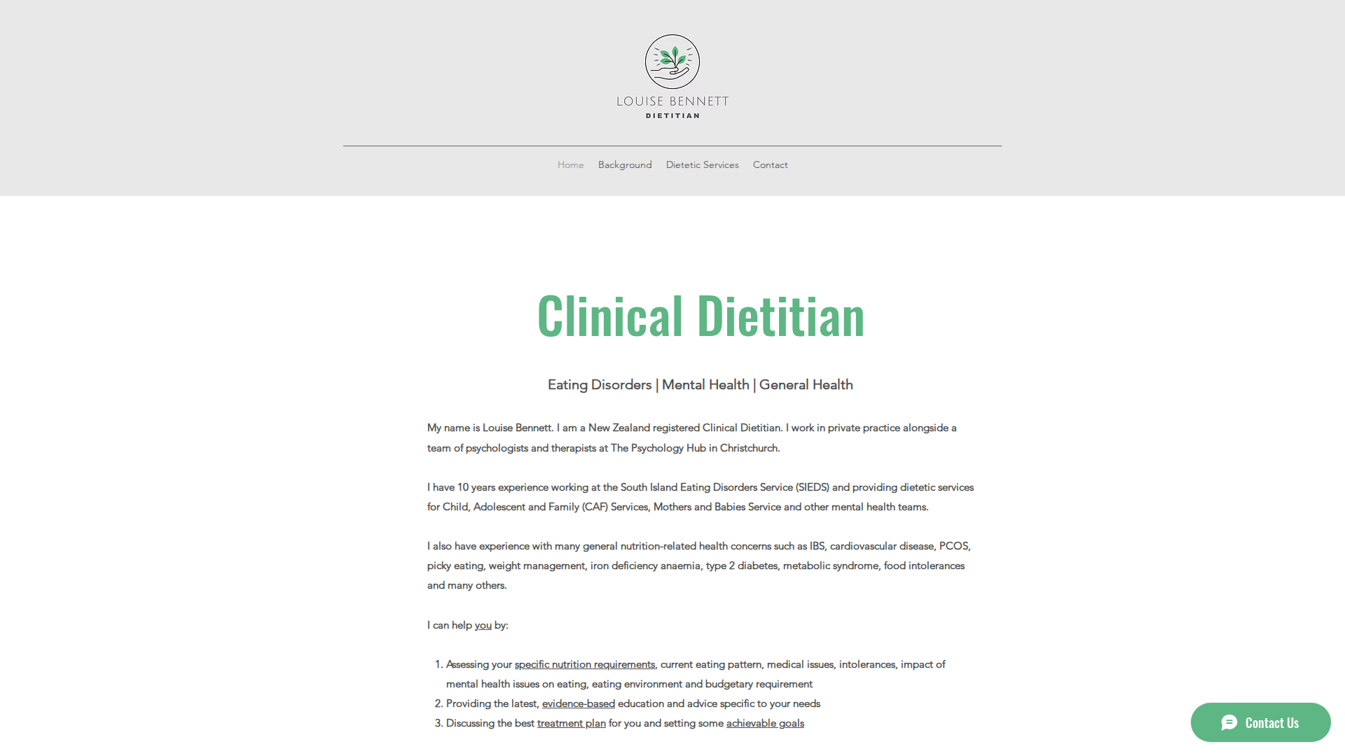 Website snapshot for Louise Bennett Dietitian