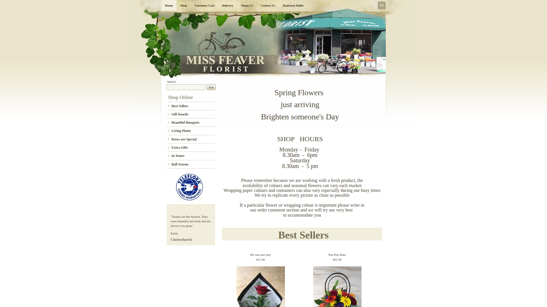 Website snapshot for Miss Feaver Florist