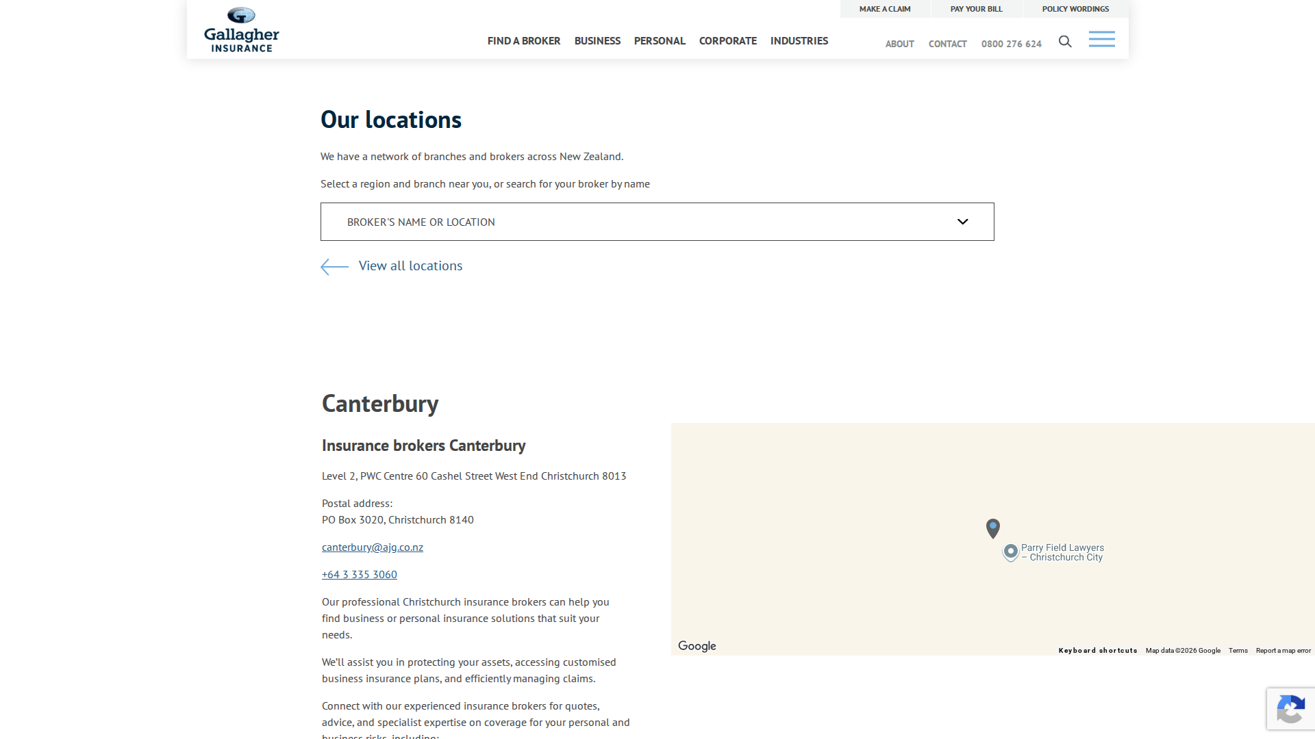 Website snapshot for Gallagher Insurance Christchurch