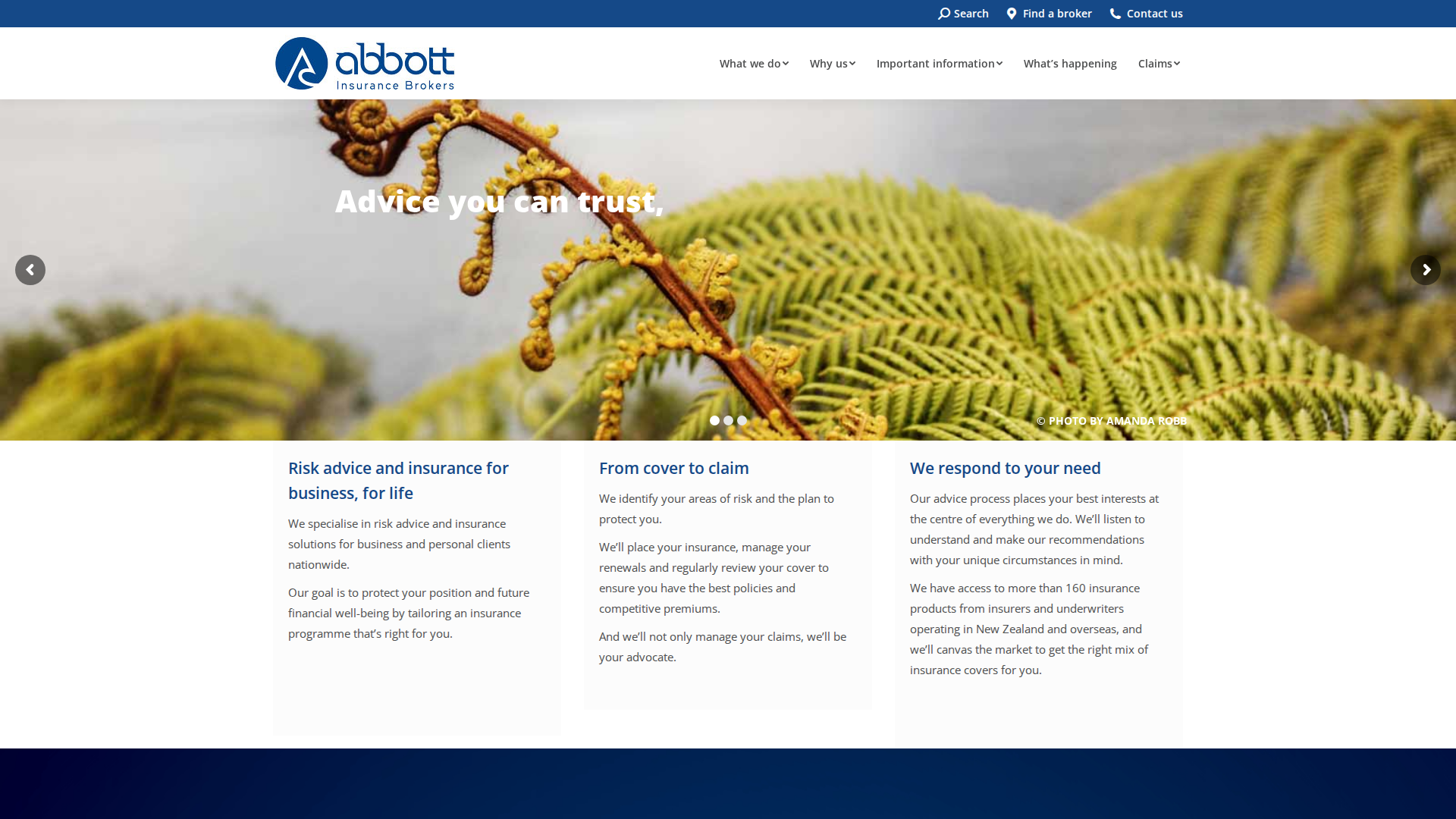 Website snapshot for Abbott Insurance Brokers Rangiora
