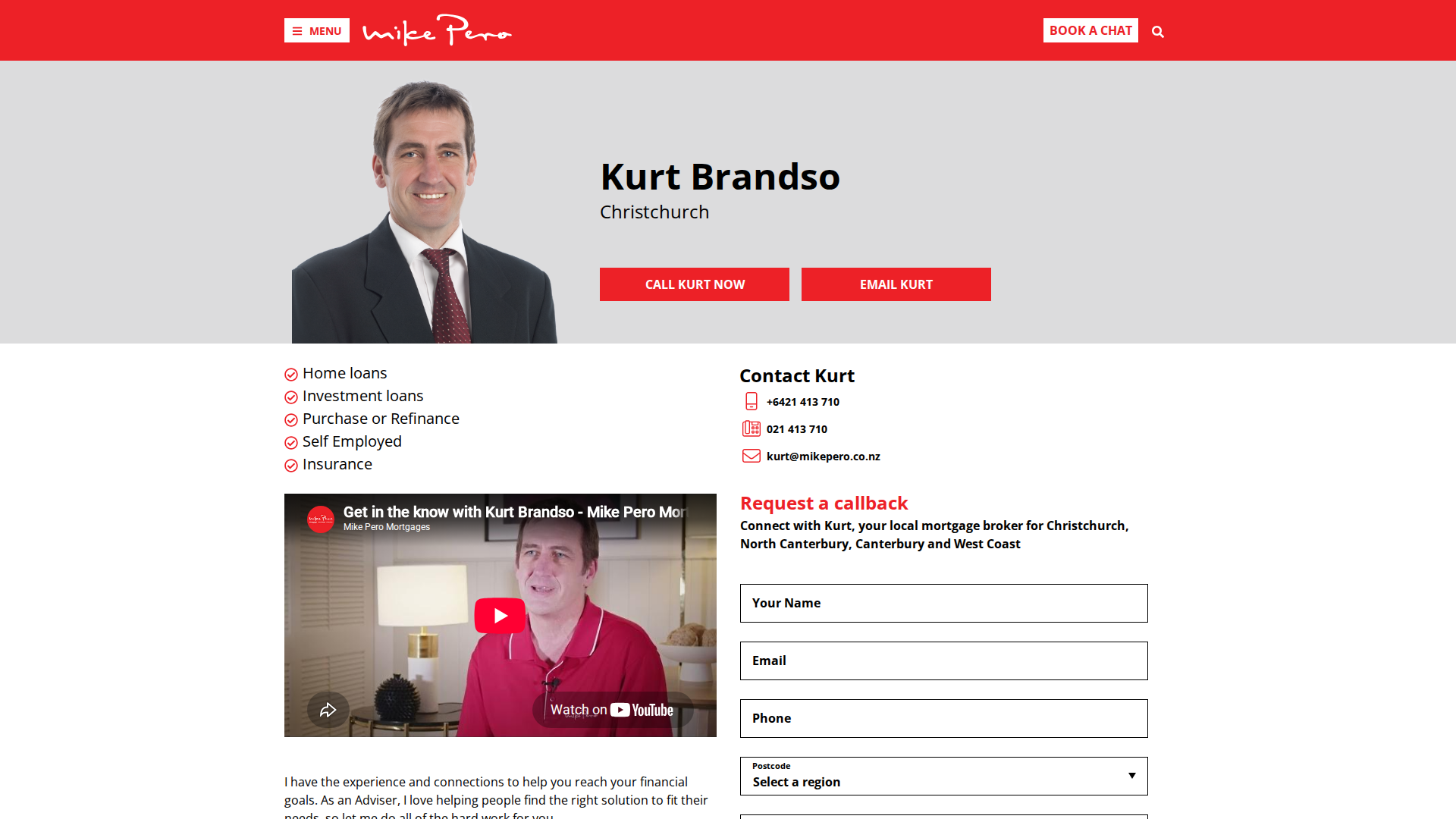 Website snapshot for Kurt Brandso - Mike Pero Mortgages Christchurch