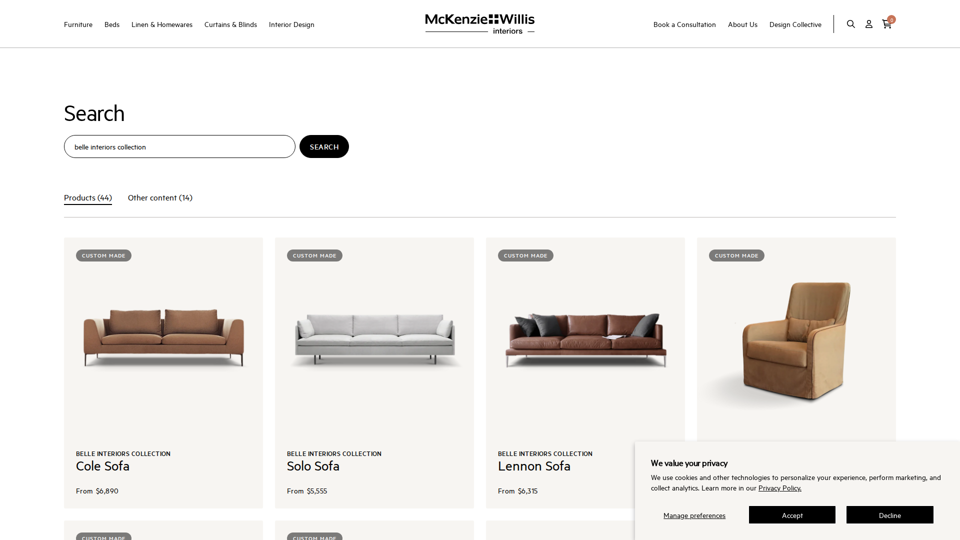 Website snapshot for Belle Interiors McKenzie & Willis