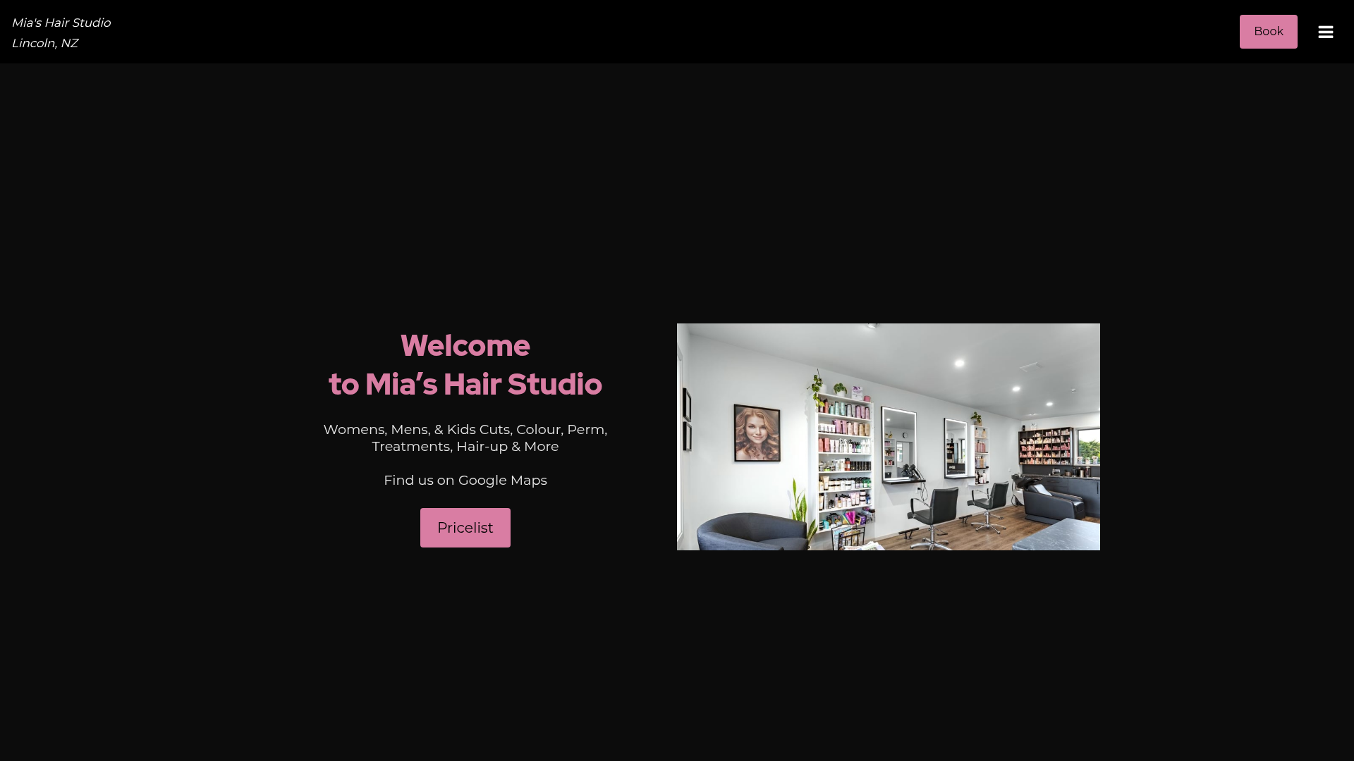 Website snapshot for Mia's Hair Studio