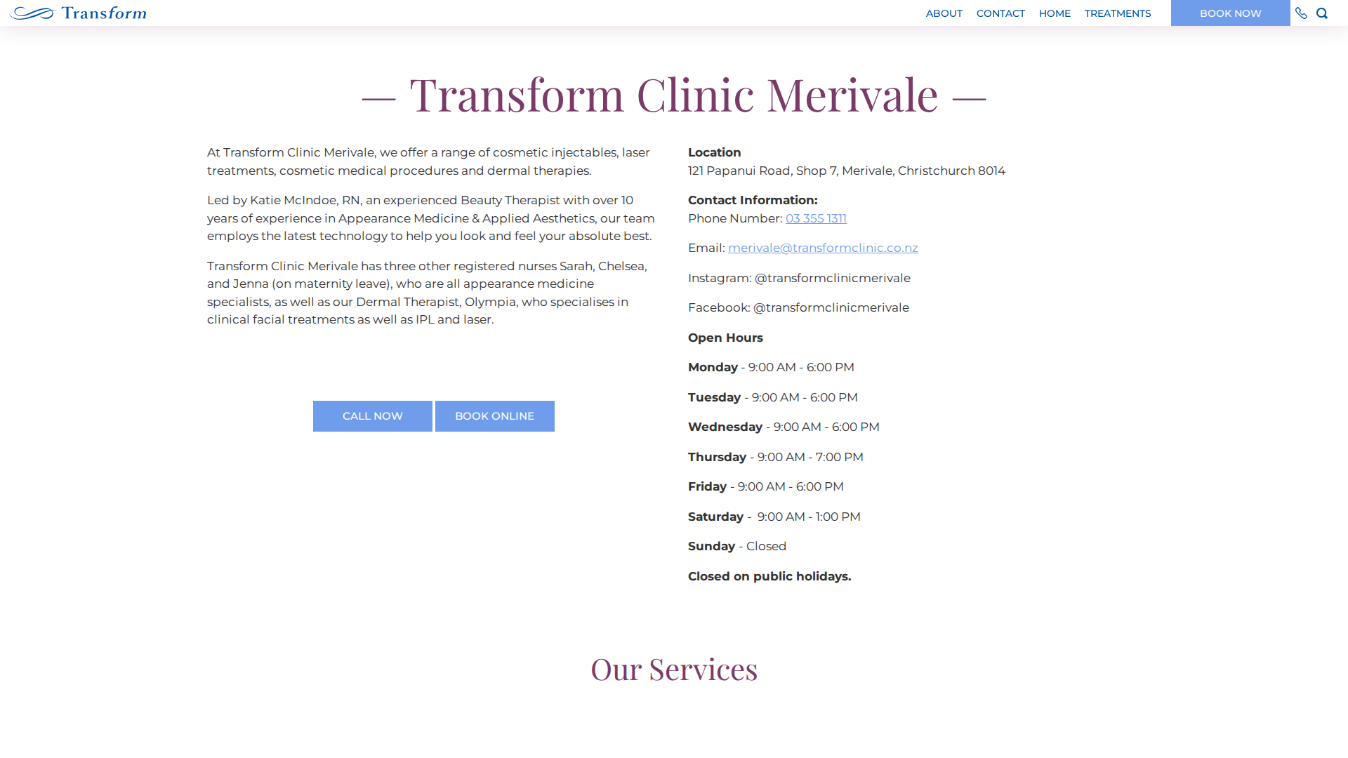 Website snapshot for Transform Clinic Merivale