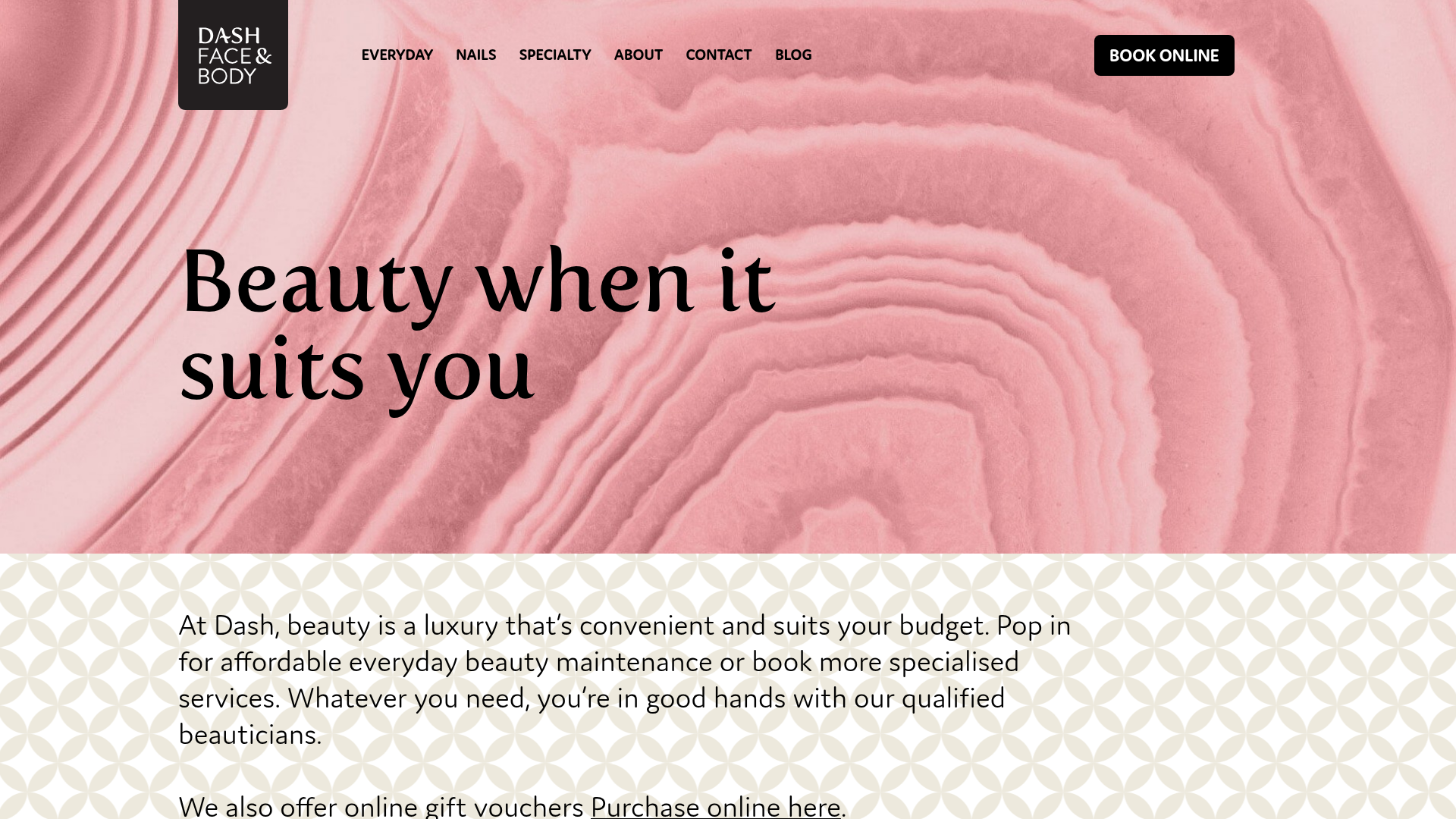 Website snapshot for Dash Face & Body